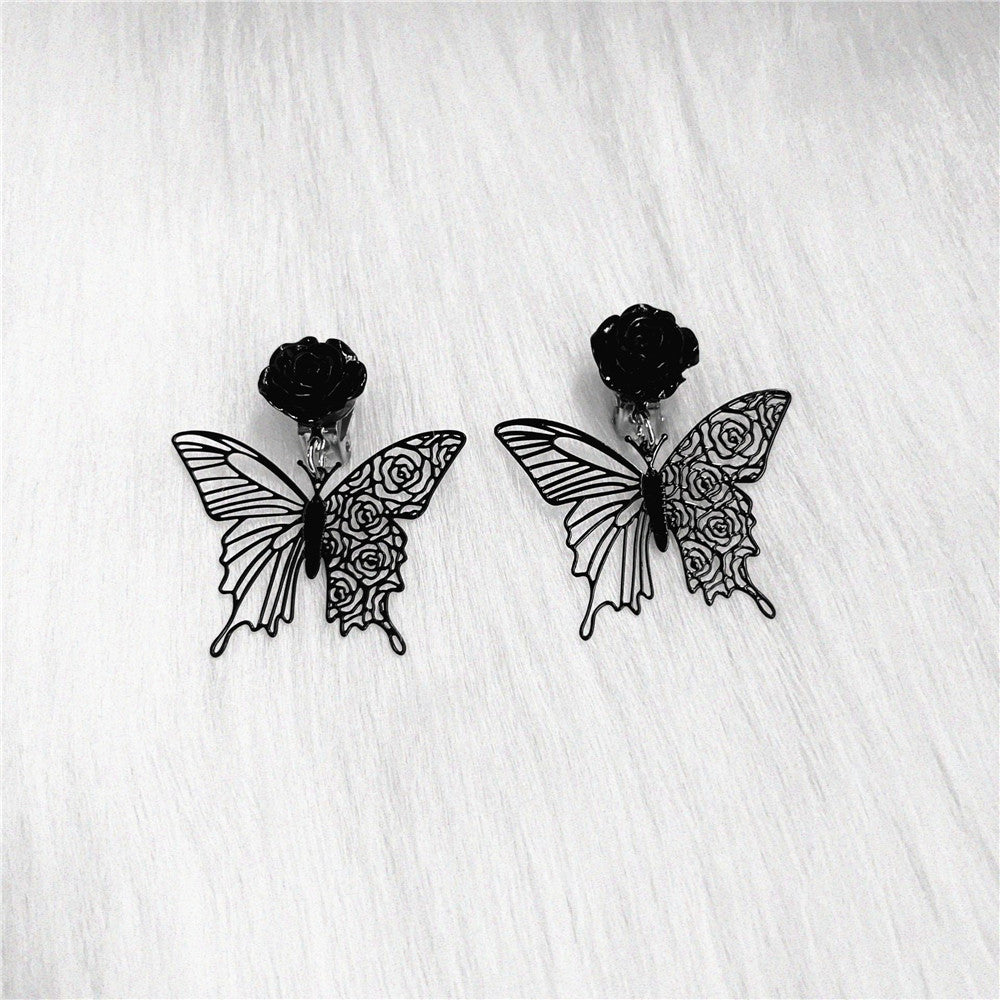 Faux Black Rose Butterfly Clip on Earrings.