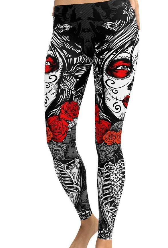 Large size skull print tattoo tight pants Halloween pants