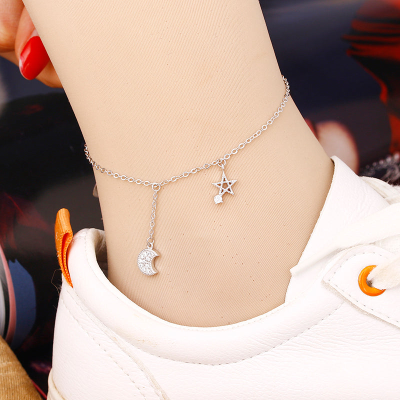 Star And Moon Asymmetric Sterling Silver Anklet