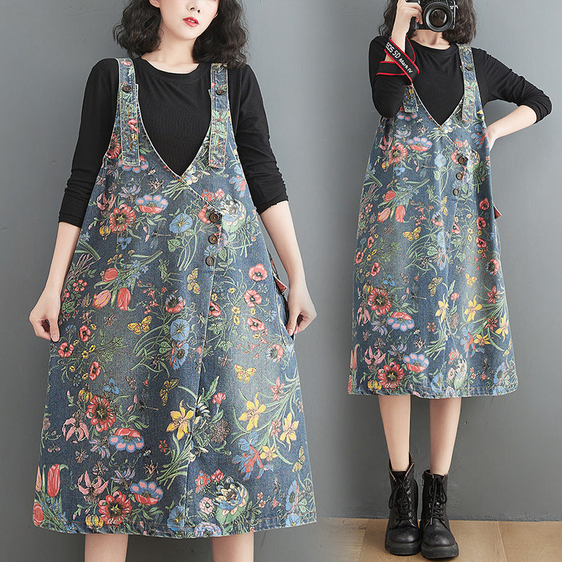 Denim Floral Overall Dress