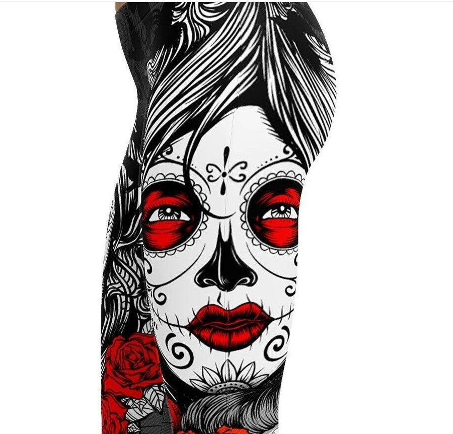 Large size skull print tattoo tight pants Halloween pants