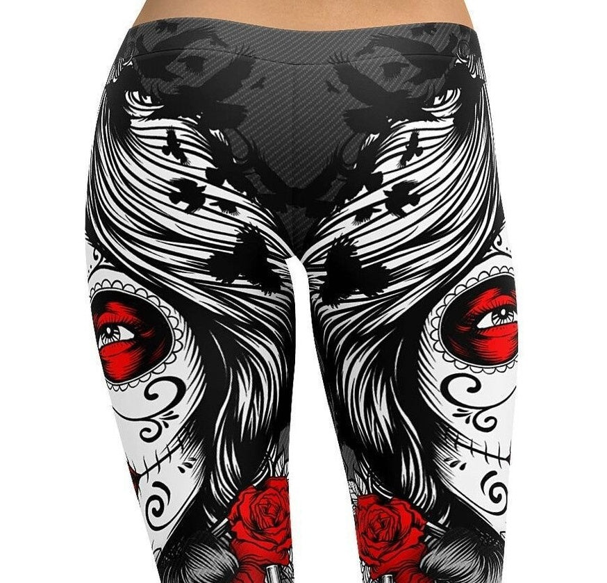 Large size skull print tattoo tight pants Halloween pants