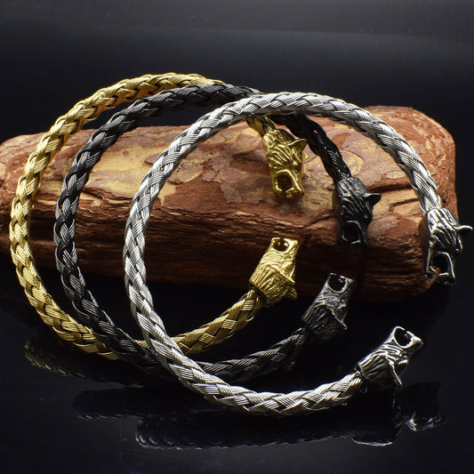 Geflochtenes Armband aus Edelstahl mit Wikinger-Wolfskopf-Öffnung