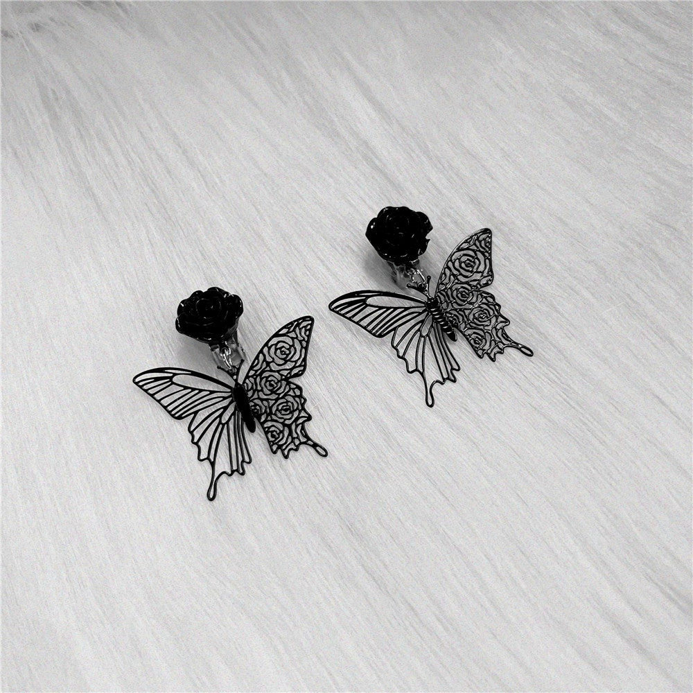 Faux Black Rose Butterfly Clip on Earrings.